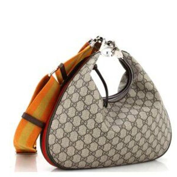 Gucci GG Supreme Monogram Textured Calfskin Web Large Shoulder Bag Beige Ebony - Picture 4 of 16